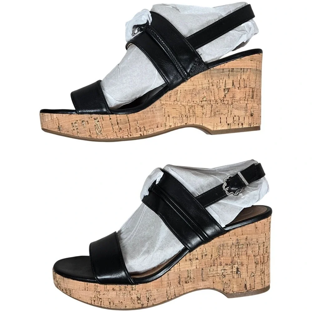 Sam & Libby Black‎ Leather Cork Platform Wedge Sandals Size 9